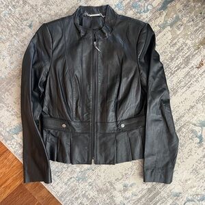 Black Leather Jacket White House Black Market Small Pleated Bottom Style